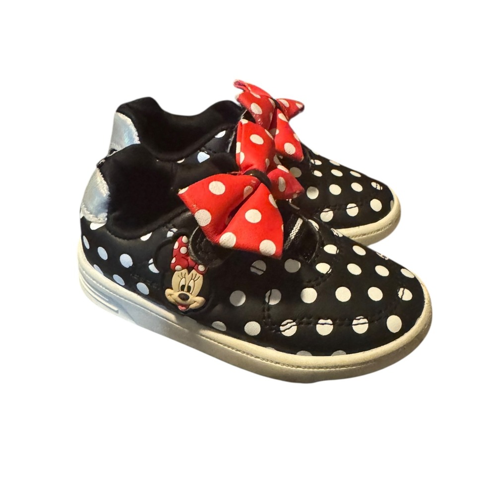 Minnie Mouse Toddler Girl Shoes, Black White Polka Dot Sneakers with Red Bow